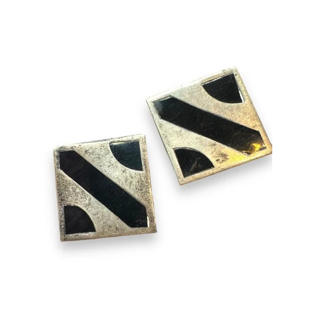 Vintage Mexican Sterling Silver Onyx Inlay Square Cufflinks Alpaca Toggle